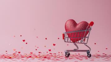 AI generated Generative AI, shopping cart with big heart inside, Valentine day concept, discount and sale. photo