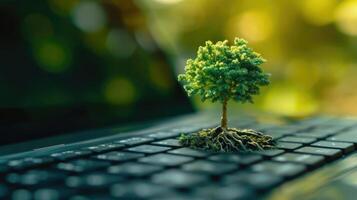 AI generated Generative AI, Plant growing from the laptop keyboard. Ecology and environment concept photo