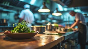 ai generado generativo ai, ocupado cocineros trabajando en el restaurante cocina , borroso antecedentes foto