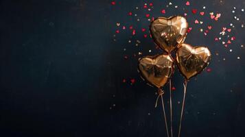 AI generated Generative AI, Foil golden balloons in heart shape and confetti for Valentine's day or wedding with copy space photo