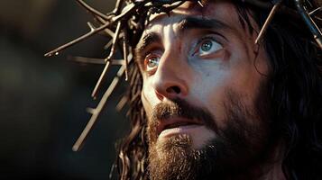 AI generated Generative AI, Jesus Christ in crown of thorns, photo close up