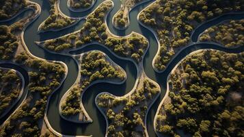 ai generado generativo ai, aéreo ver de laberinto vías fluviales, zumbido foto, hermosa paisaje foto