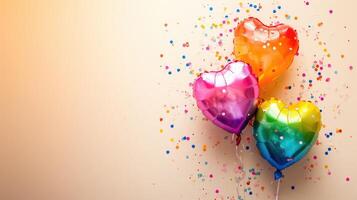 AI generated Generative AI, Foil LGBT rainbow flag colors balloons in heart shape and confetti for Valentine's day or wedding with copy space photo