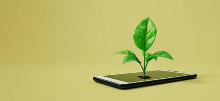 AI generated Generative AI, Plant growing from the smartphone screen. Ecology and environment concept photo