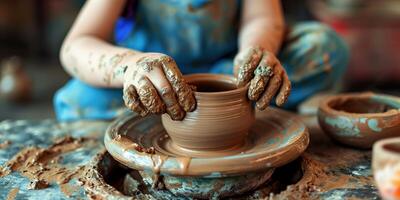 AI generated Generative AI, kid hands with clay making of a ceramic pot in the pottery workshop studio, hobby and leisure concept photo