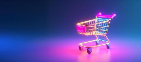 AI generated Generative AI, shopping cart on neon gradient background, 80s and 90s style, minimalistic shop online, free delivery, discounts and sale concept. photo
