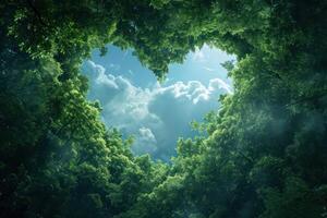 AI generated Generative AI, Green forest with heart shape, beautiful landscape with white clouds, environment love planet concept photo