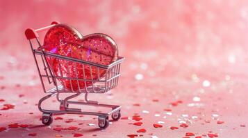 AI generated Generative AI, shopping cart with big heart inside, Valentine day concept, discount and sale. photo