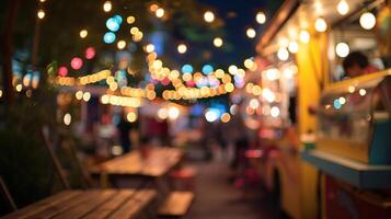 ai generado generativo ai, comida camión calle festival, borroso luces fondo, atmosférico Bokeh, apagado colores foto