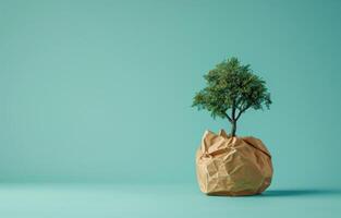 ai generado generativo ai, planta brote con verde hojas creciente desde reciclado papel. ecológico, cero desperdiciar, el plastico gratis y ambiente concepto foto