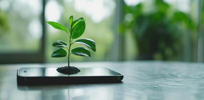 AI generated Generative AI, Plant growing from the smartphone screen. Ecology and environment concept photo