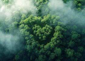 AI generated Generative AI, Green forest with heart shape, beautiful landscape with white clouds, environment love planet concept photo