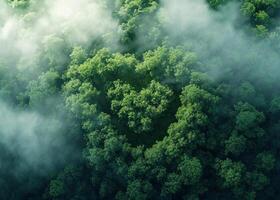 ai generado generativo ai, verde bosque con corazón forma, hermosa paisaje con blanco nubes, ambiente amor planeta concepto foto