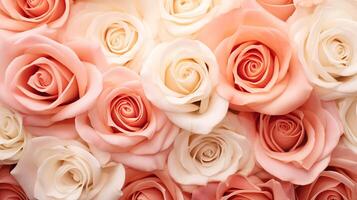ai generado un parte superior ver de hermosa rosado rosas en varios sombras, formando un floral antecedentes textura foto