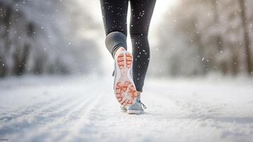 AI generated Man walking on snow with snickers in the morning back side view photo