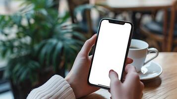 AI generated Woman Hand Holding Smart phone Mockup, Coffee Shop Scene, White Blank Screen photo