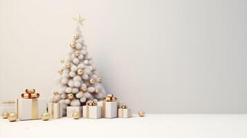 AI generated White Decoration Tree With Gifts in Golden Ribbon, white Background photo