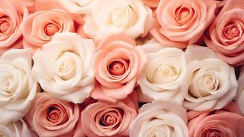 AI generated Beautiful Pink Roses of Different Shades Top View Flower Background Texture photo