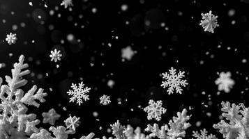 AI generated Snowflake closeup on dark snowy background, winter snowfall photo