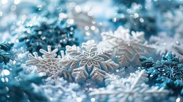 AI generated Snowflakes closeup winter background photo