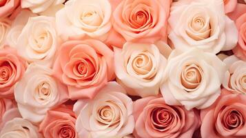 AI generated A top view of beautiful pink roses in various shades, forming a floral background texture photo