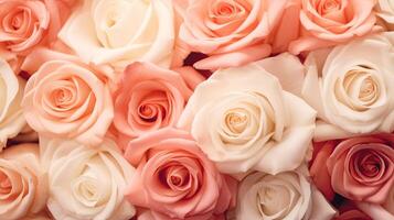 AI generated Beautiful Pink Roses of Different Shades Top View Flower Background Texture photo