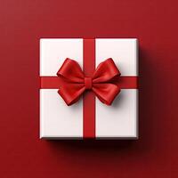 AI generated White Gift Box Wrapped in Red Ribbon And Bow, Red Background, Top View photo