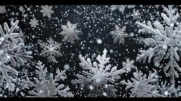 ai generado copo de nieve de cerca en oscuro Nevado fondo, invierno nevada foto