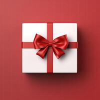 AI generated White Gift Box Wrapped in Red Ribbon And Bow, Red Background, Top View photo