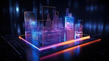 ai generado futurista holográfico 3d presentación de flotante Finanzas datos tendencias gráficos y gráfico foto