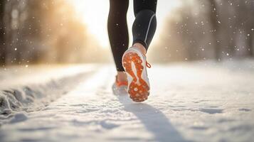 AI generated Man walking on snow with snickers in the morning back side view photo