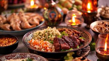 ai generado delicioso iftar artículos en mesa con velas foto