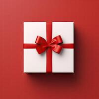 AI generated White Gift Box Wrapped in Red Ribbon And Bow, Red Background, Top View photo