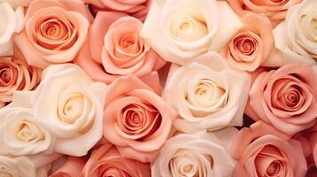 ai generado un parte superior ver de hermosa rosado rosas en varios sombras, formando un floral antecedentes textura foto