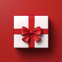 AI generated White Gift Box Wrapped in Red Ribbon And Bow, Red Background, Top View photo