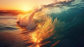 AI generated Rolling ocean waves from surfing point of view, sunset background photo