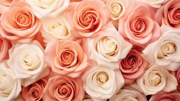 AI generated Beautiful Pink Roses of Different Shades Top View Flower Background Texture photo