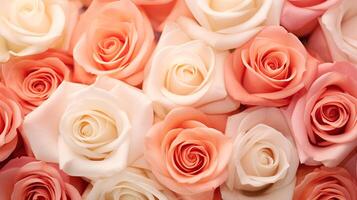 AI generated Beautiful Pink Roses of Different Shades Top View Flower Background Texture photo