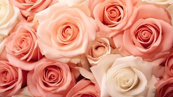 AI generated A top view of beautiful pink roses in various shades, forming a floral background texture photo