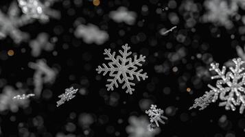 AI generated Snowflake closeup on dark snowy background, winter snowfall photo