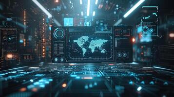AI generated Abstract futuristic background with world map on digital monitor, data Transfer technology concept, futuristic cyberspace background photo