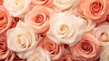 AI generated A top view of beautiful pink roses in various shades, forming a floral background texture photo