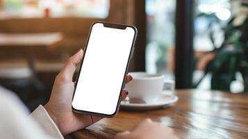 AI generated Woman Hand Holding Smart phone Mockup, Coffee Shop Scene, White Blank Screen photo