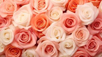 AI generated A top view of beautiful pink roses in various shades, forming a floral background texture photo