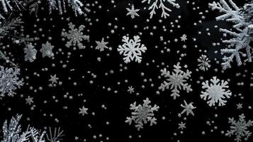 AI generated Snowflake closeup on dark snowy background, winter snowfall photo