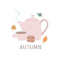 Cute teapot and a cup with a hot drink and oatmeal cookies. Vector hand-drawn illustration.