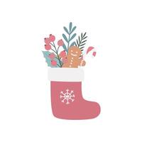 Christmas stocking with sweets and fir branches, in hand drawn style isolated on white background. vector