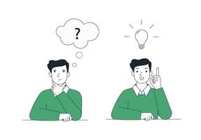 Man is looking for an idea, pondering a question. Flat vector illustration.