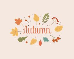 Decorative design composition with fall lettering and seasonal elements vector flat illustration