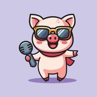 cute vector design illustration of a pig singing